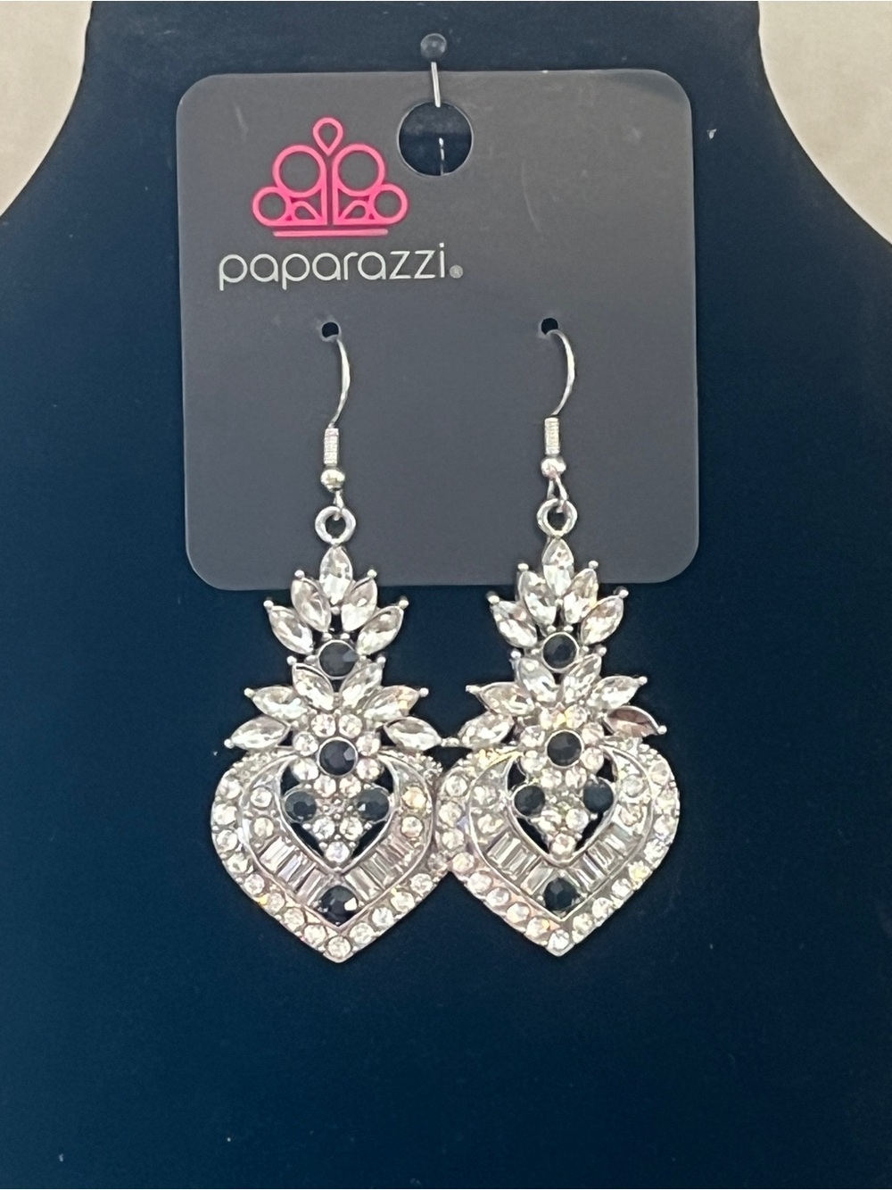 Paparazzi Silver and Black Crystal Heart Drop Earrings